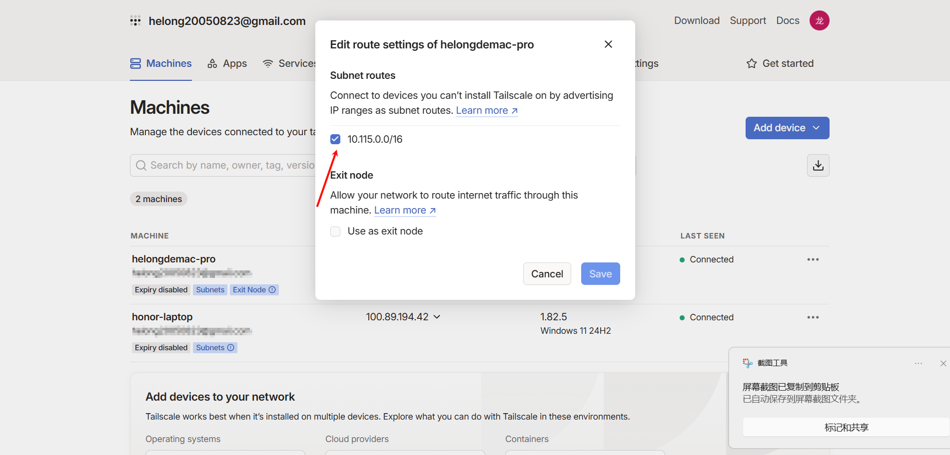 Tailscale 管理台路由设置